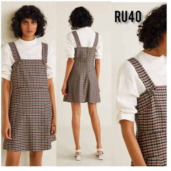 Mango Brown checkered button pinafore Mini dress size XS - Picture 1 of 6